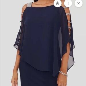 MSK Navy Asymmetrical Cold Shoulder Dress with rhinestone adornment